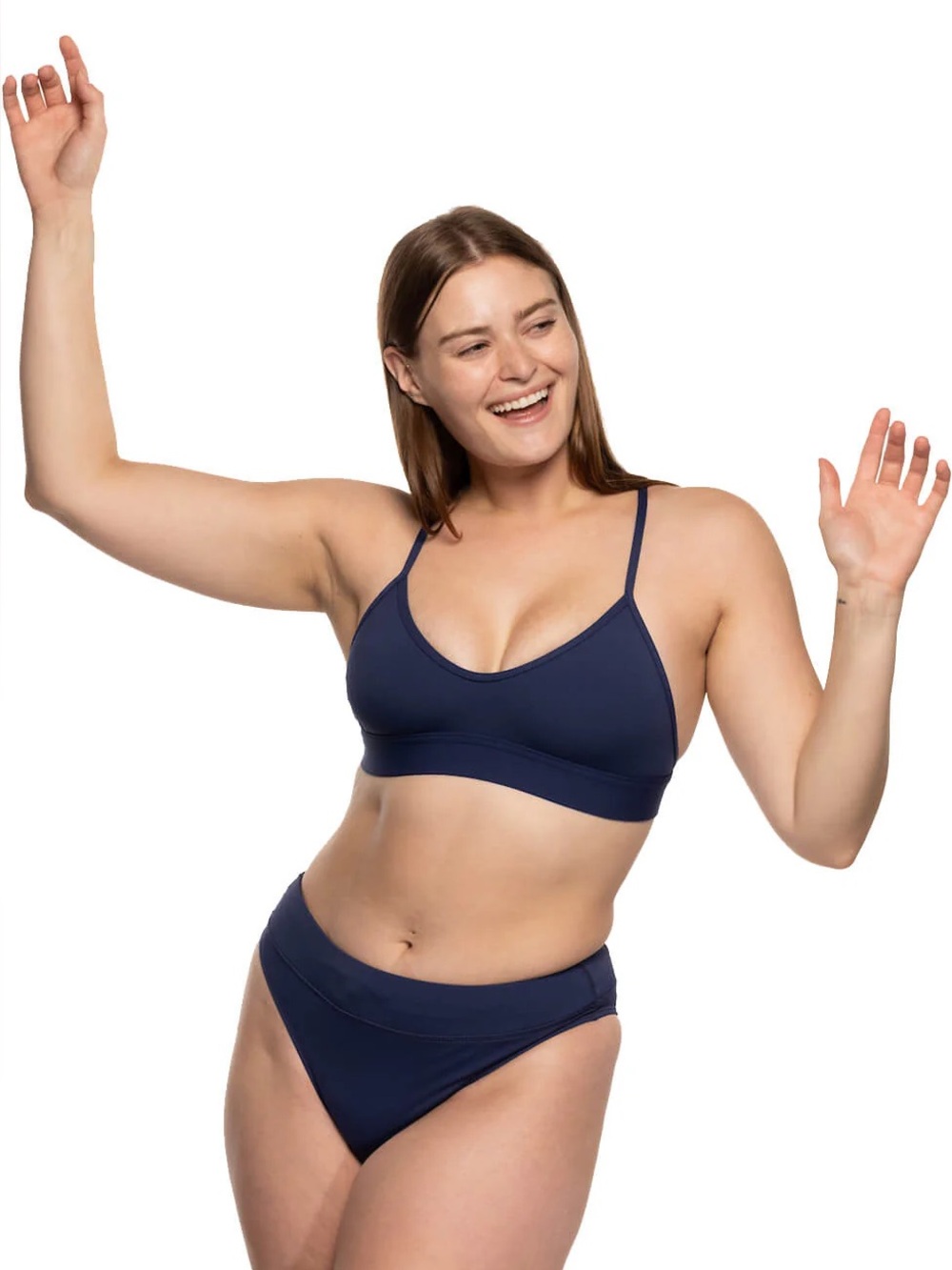 JOLYN - Zoe High Waist Cheeky Bikini Bottom in Navy Blue - L